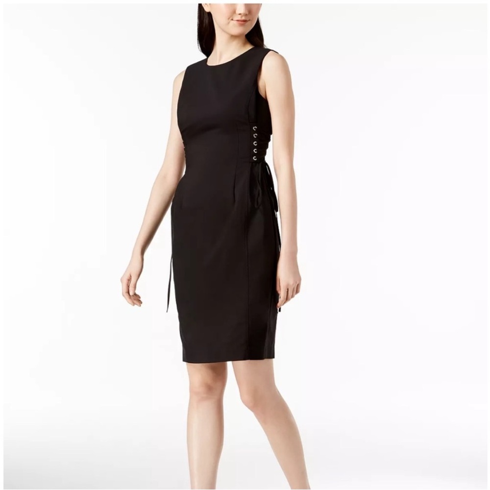 Calvin Klein Black Sleeveless Sheath Dress with Side Lace-Up Detail